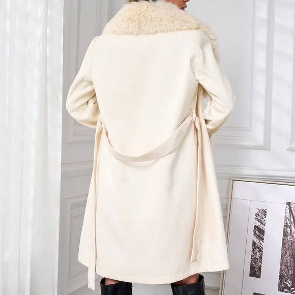 Apricot Elegant Women's Long Sleeve Double Breasted Long Wool Coat - Picture 3 of 7
